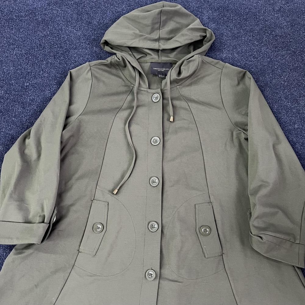 Christian Siriano New York Coat Womens 1X Green Hooded Button Front Mid Length